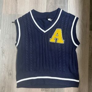 Varsity Knit Sweater Vest Navy Blue Cable Knit A Patch Size M Mens Sleeveless